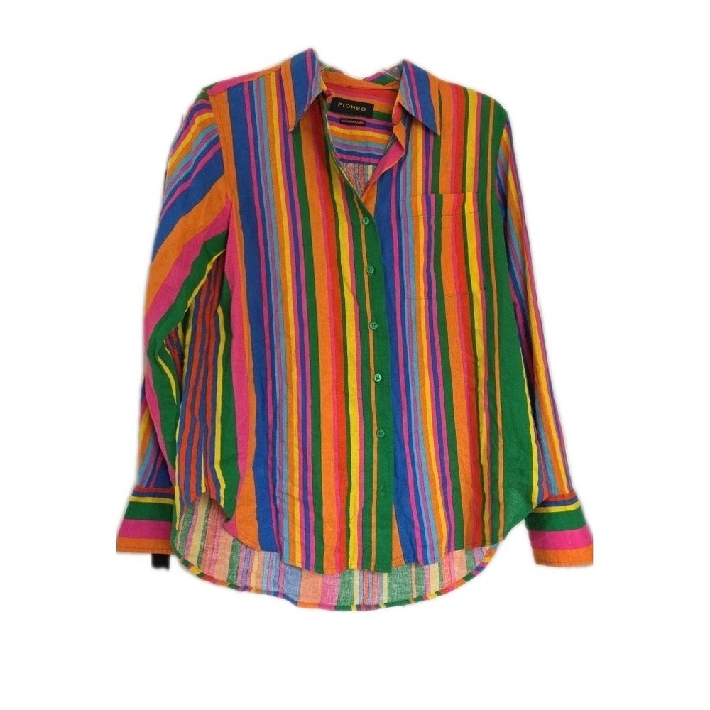 PIOMBO Womens Striped Colorful Long Sleeve Linen Blend Artsy Lagenlook